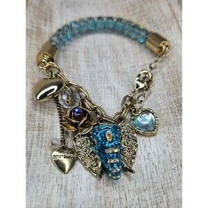 Betsey Johnson Whimsical Elephant Charm Bracelet Teal Mesh Gold Rose Heart EUC
